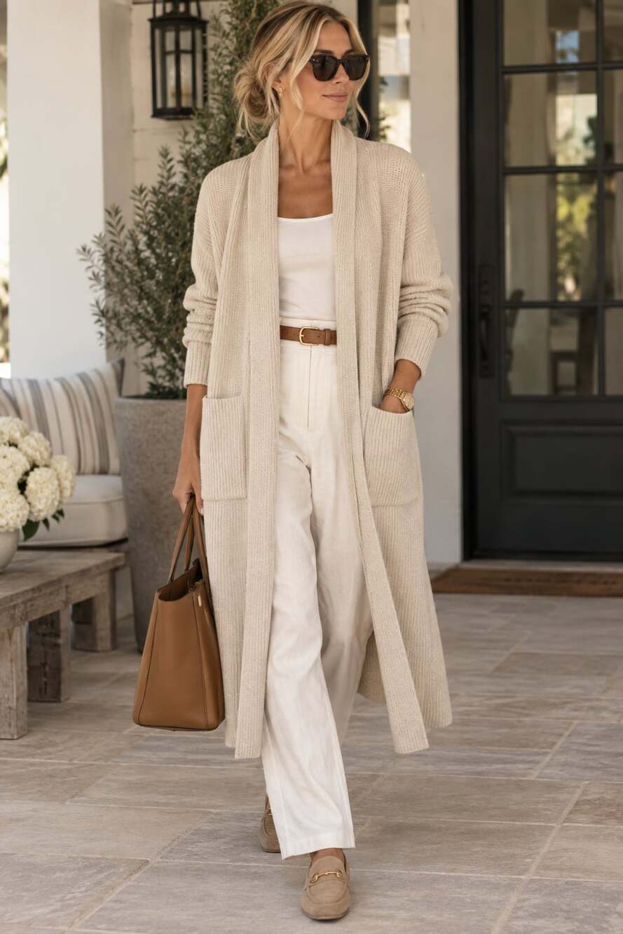 Quince 100% Merino Wool Long Cardigan Women’s L Ivory Cream Duster Quiet Luxury